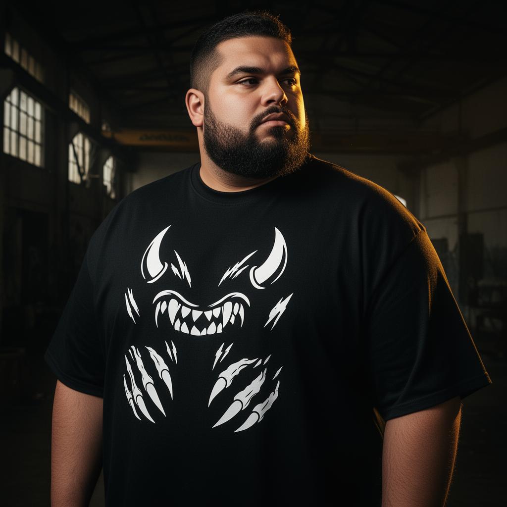 Big and tall model in a Monsters of Main Street monster-print tee
